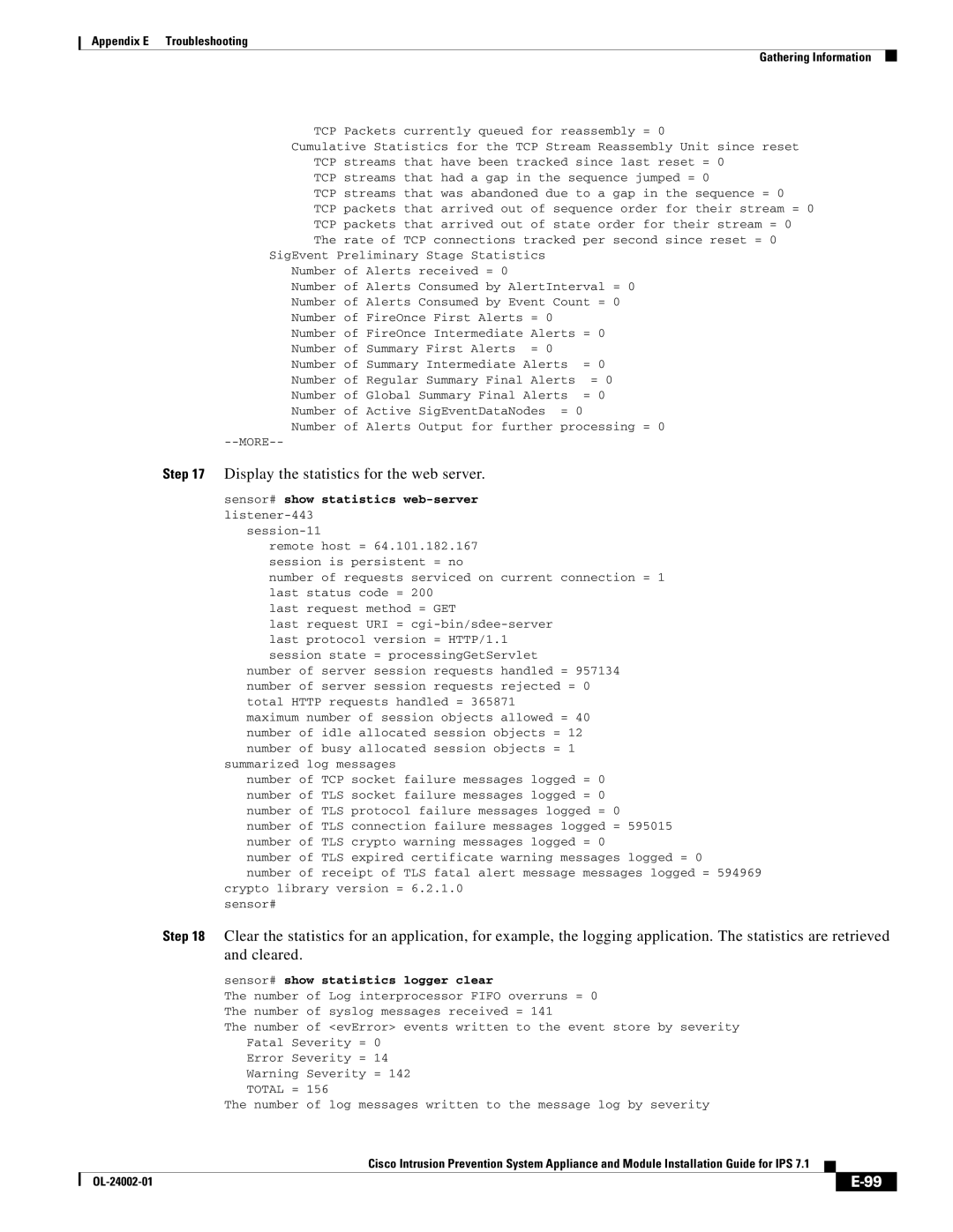 Cisco Systems IPS4520K9 manual Display the statistics for the web server, Sensor# show statistics web-server listener-443 