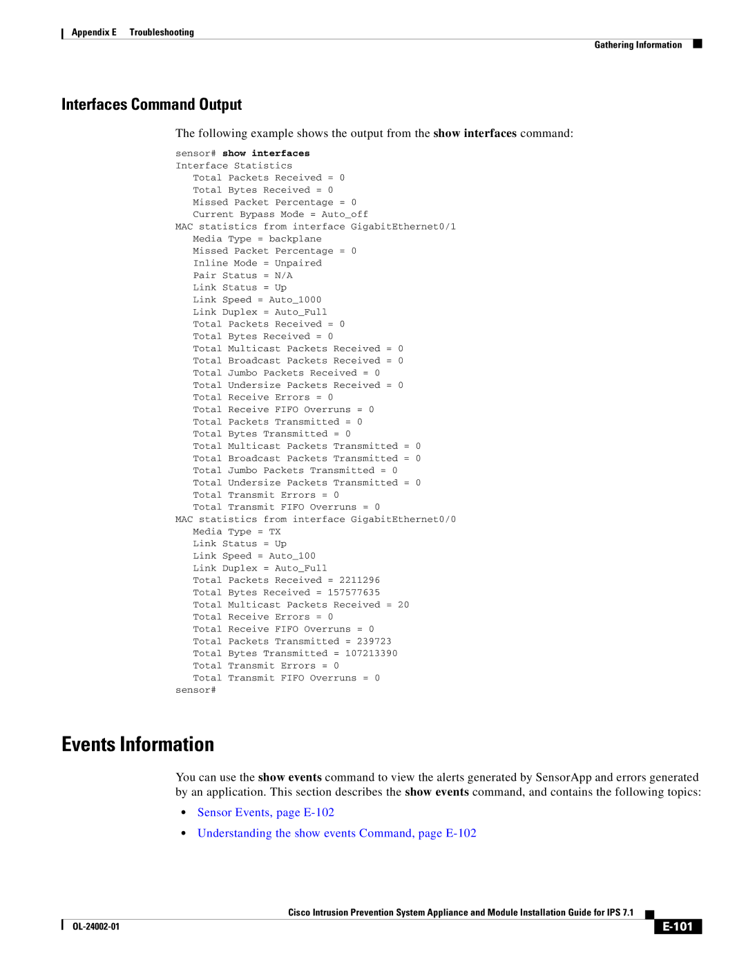 Cisco Systems IPS4520K9 manual Events Information, Interfaces Command Output, 101 