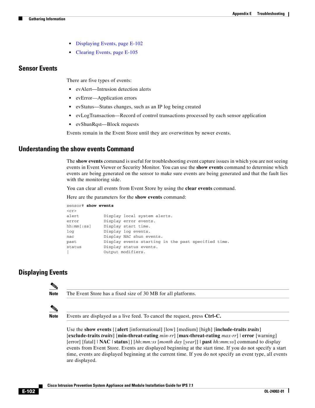 Cisco Systems IPS4520K9 Sensor Events, Understanding the show events Command, Displaying Events, 102, Sensor# show events 