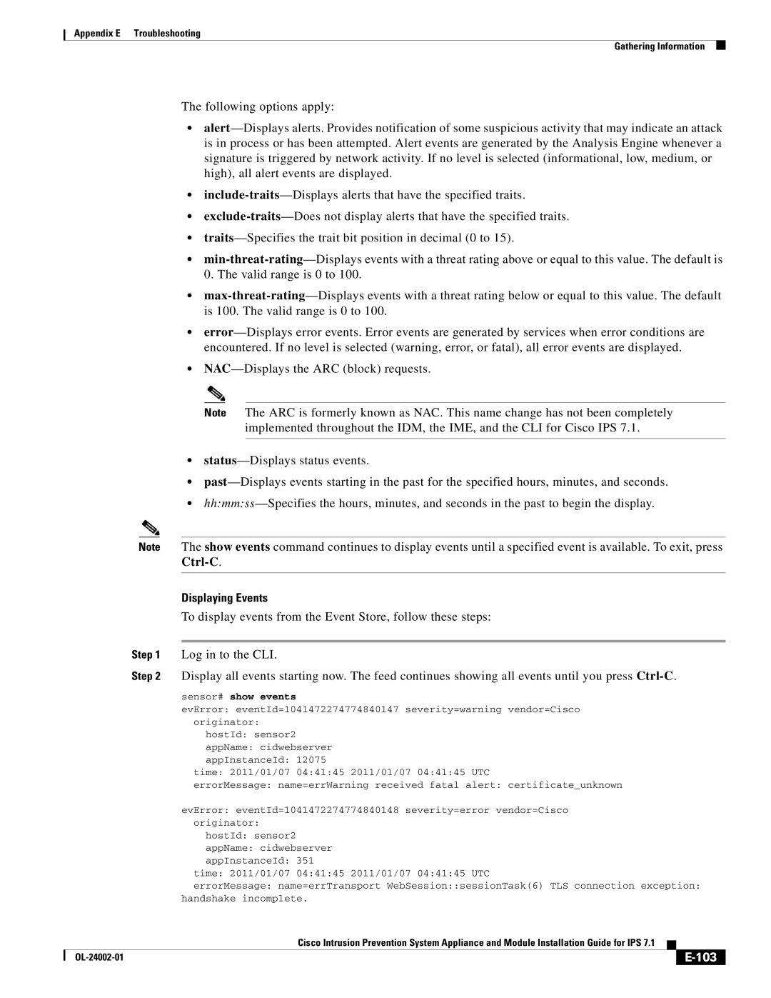 Cisco Systems IPS4520K9 manual Displaying Events, 103 