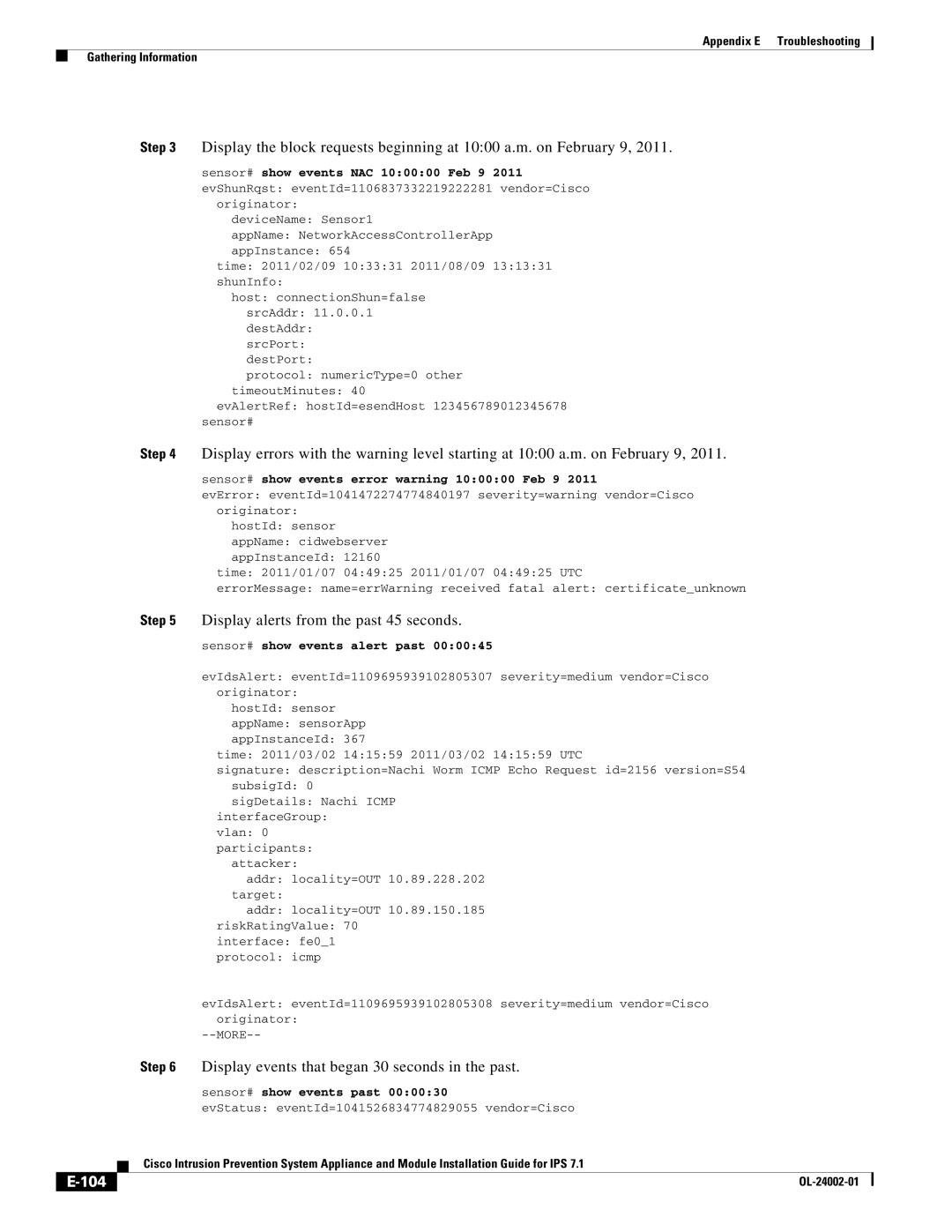 Cisco Systems IPS4520K9 Display alerts from the past 45 seconds, Display events that began 30 seconds in the past, 104 