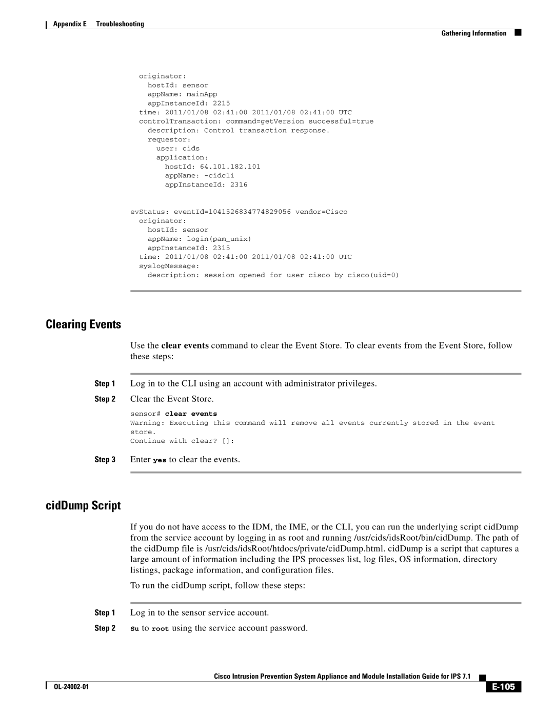 Cisco Systems IPS4520K9 manual Clearing Events, CidDump Script, Enter yes to clear the events, 105, Sensor# clear events 