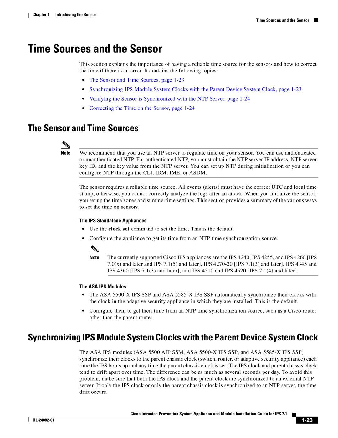 Cisco Systems IPS4520K9 Time Sources and the Sensor, Sensor and Time Sources, IPS Standalone Appliances, ASA IPS Modules 