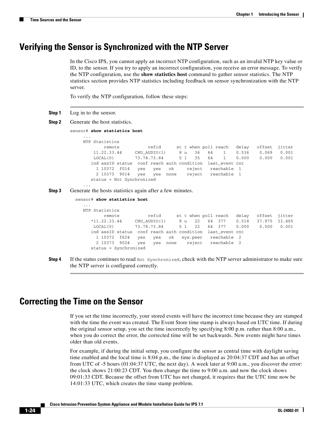 Cisco Systems IPS4520K9 manual Verifying the Sensor is Synchronized with the NTP Server, Correcting the Time on the Sensor 