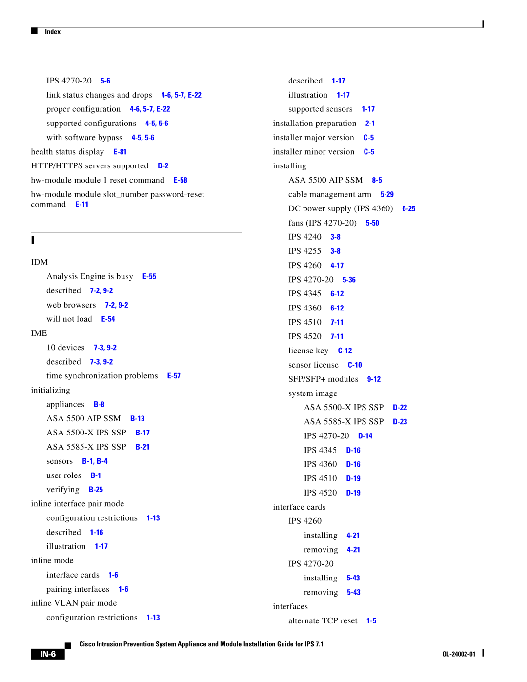 Cisco Systems IPS4520K9 manual Idm, Ime, ASA 5500 AIP SSM ASA 5500-X IPS SSP ASA 5585-X IPS SSP, IN-6 