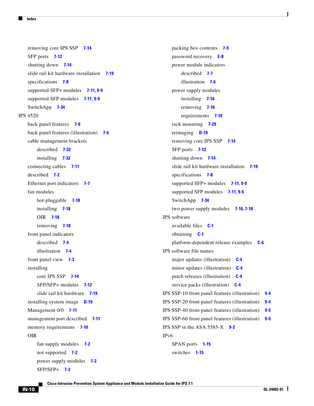 Cisco Systems IPS4520K9 manual Supported SFP modules, SwitchApp Two power supply modules, IN-10 
