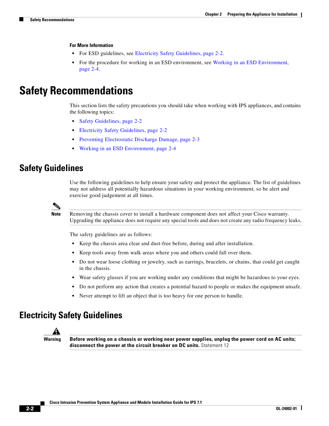 Cisco Systems IPS4520K9 manual Safety Recommendations, Electricity Safety Guidelines 