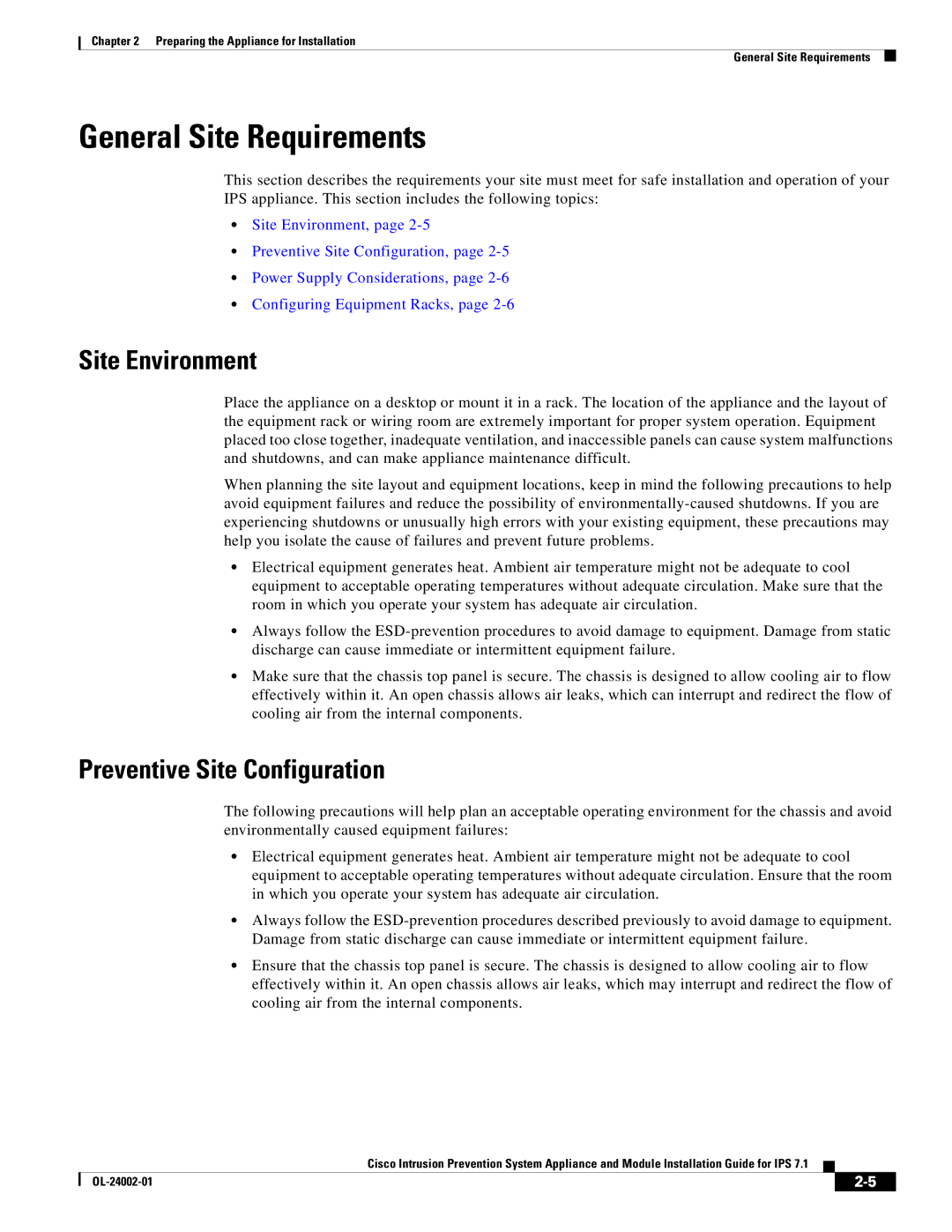 Cisco Systems IPS4520K9 manual General Site Requirements, Site Environment, Preventive Site Configuration 