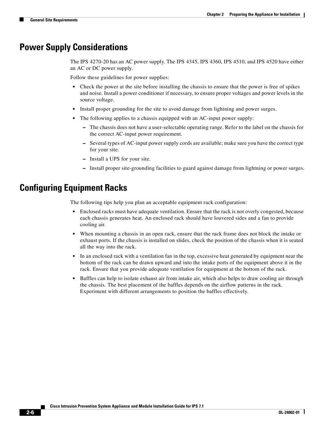 Cisco Systems IPS4520K9 manual Power Supply Considerations, Configuring Equipment Racks 