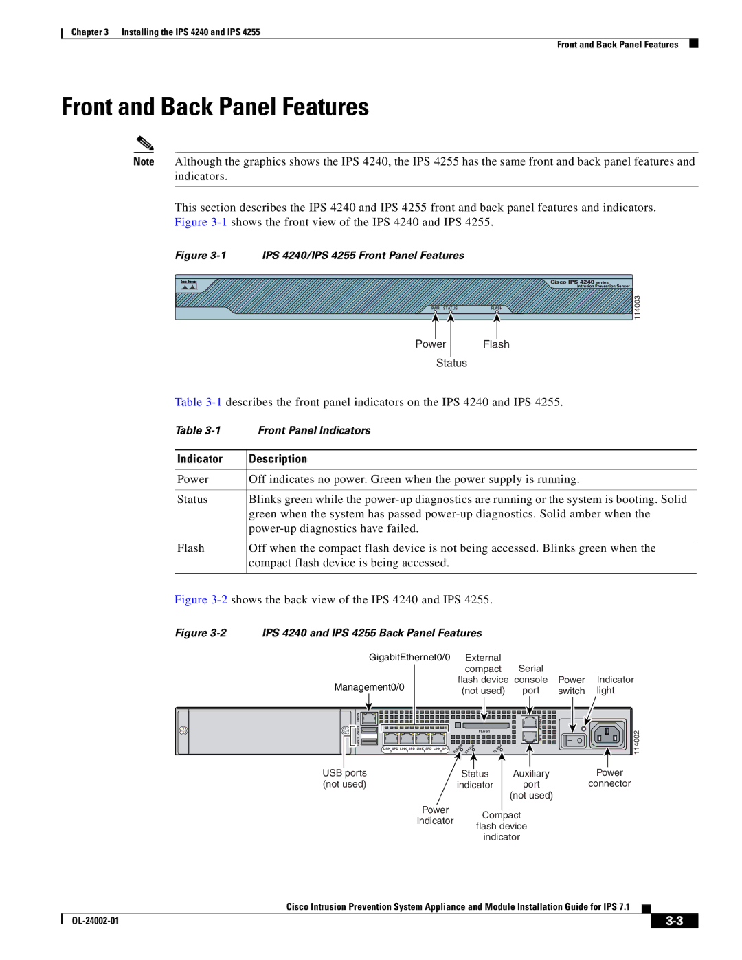 Cisco Systems IPS4520K9 manual Front and Back Panel Features, Indicator Description 