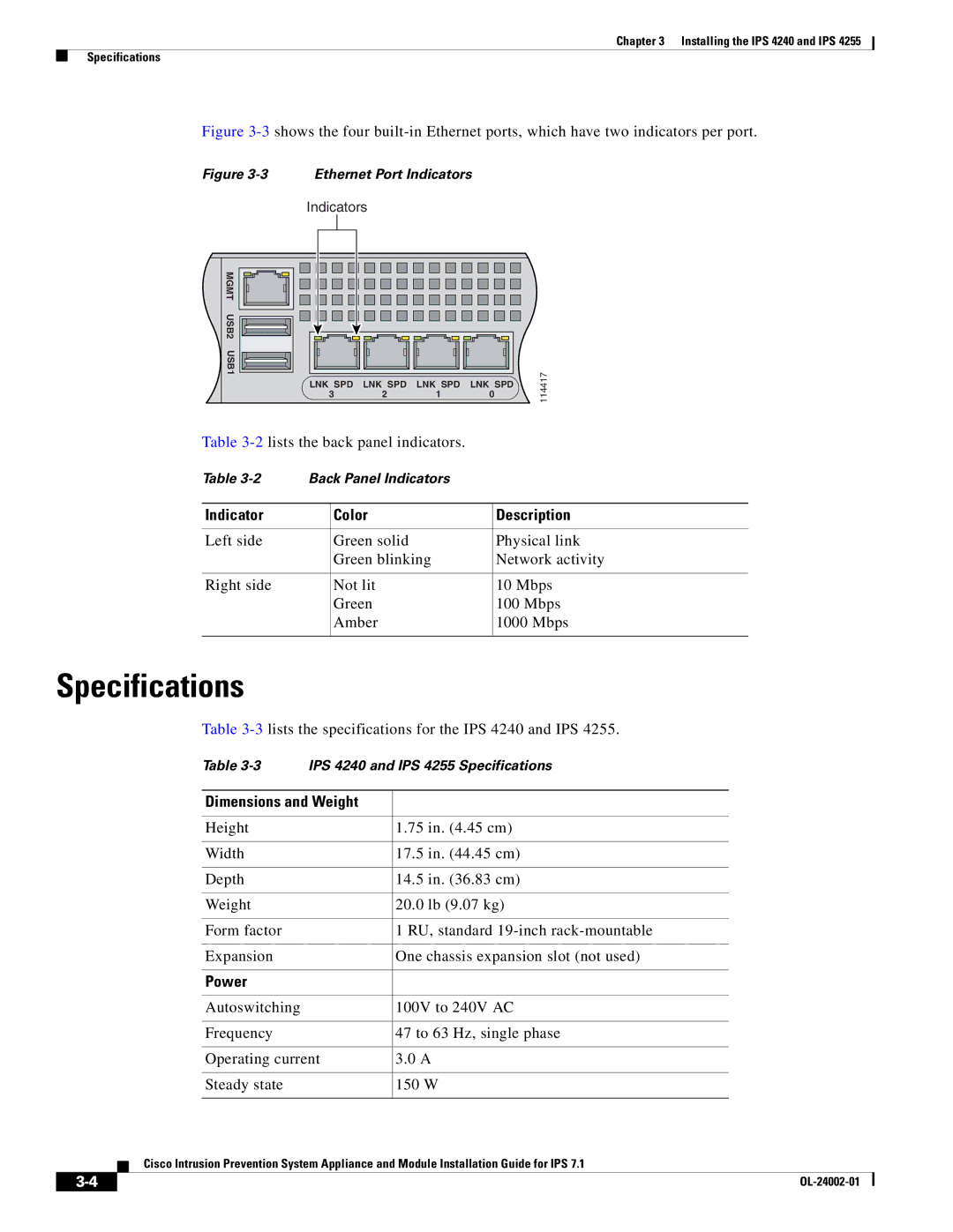 Cisco Systems IPS4520K9 manual Specifications, Indicator Color Description, Dimensions and Weight, Power 