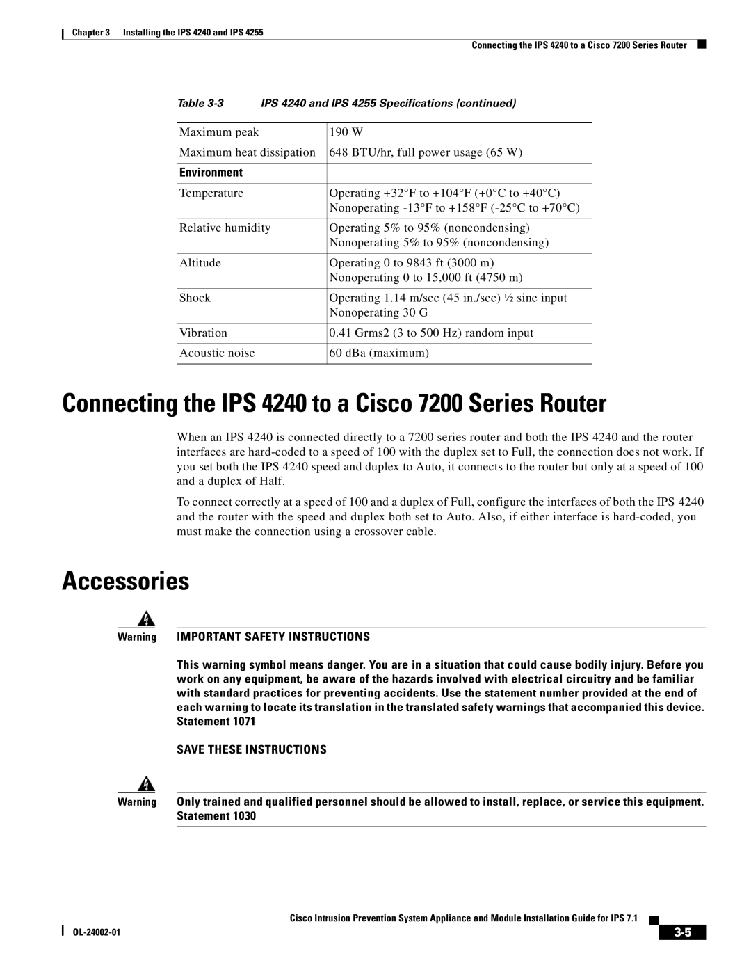 Cisco Systems IPS4520K9 manual Connecting the IPS 4240 to a Cisco 7200 Series Router, Accessories, Environment 