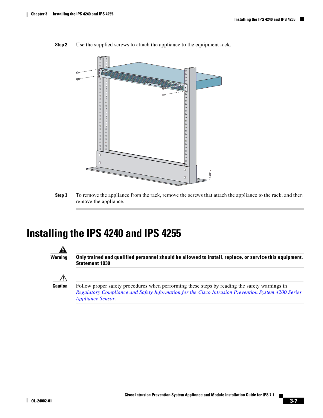 Cisco Systems IPS4520K9 manual Installing the IPS 4240 and IPS 