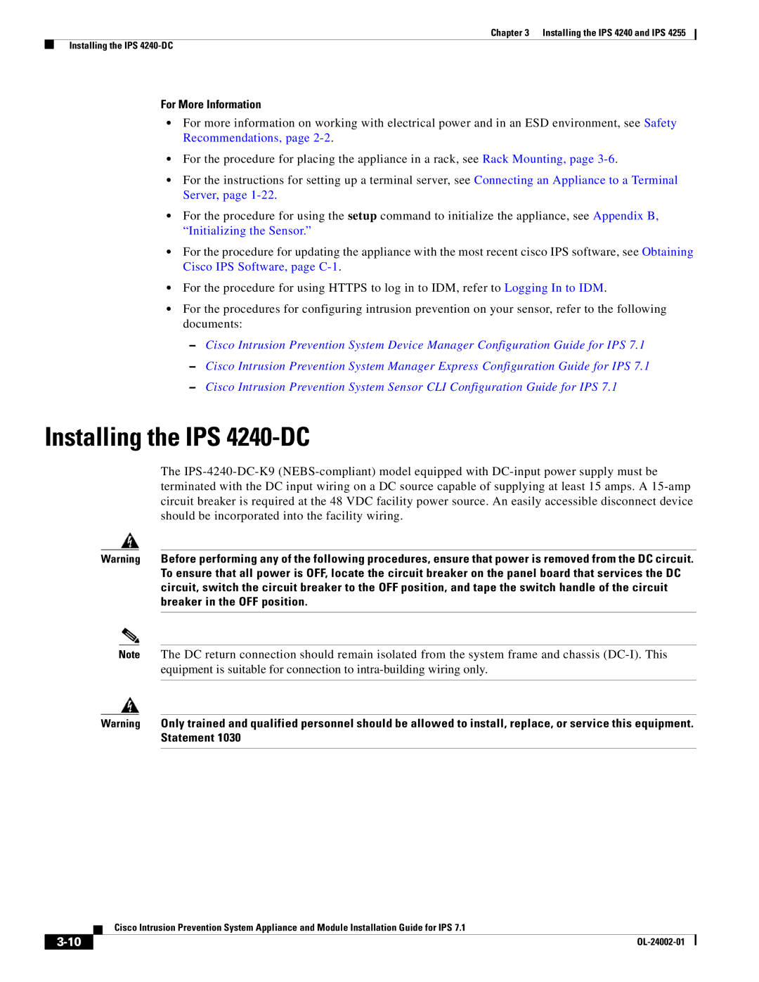 Cisco Systems IPS4520K9 manual Installing the IPS 4240-DC, For More Information 