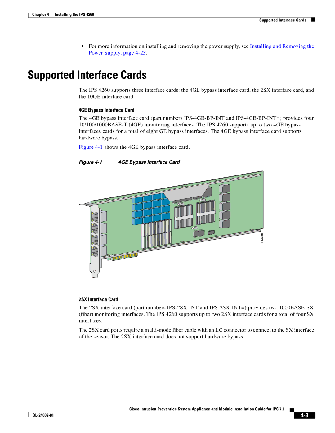 Cisco Systems IPS4520K9 manual Supported Interface Cards, 4GE Bypass Interface Card, 2SX Interface Card 