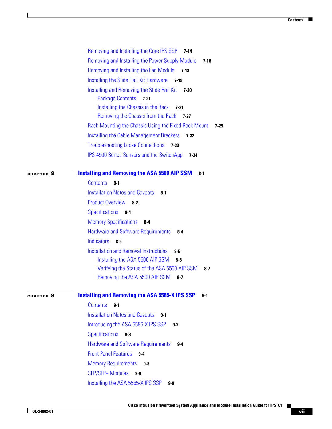 Cisco Systems IPS4520K9 manual Removing and Installing the Fan Module, Vii 