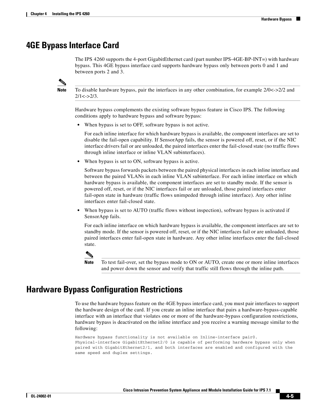 Cisco Systems IPS4520K9 manual 4GE Bypass Interface Card, Hardware Bypass Configuration Restrictions 