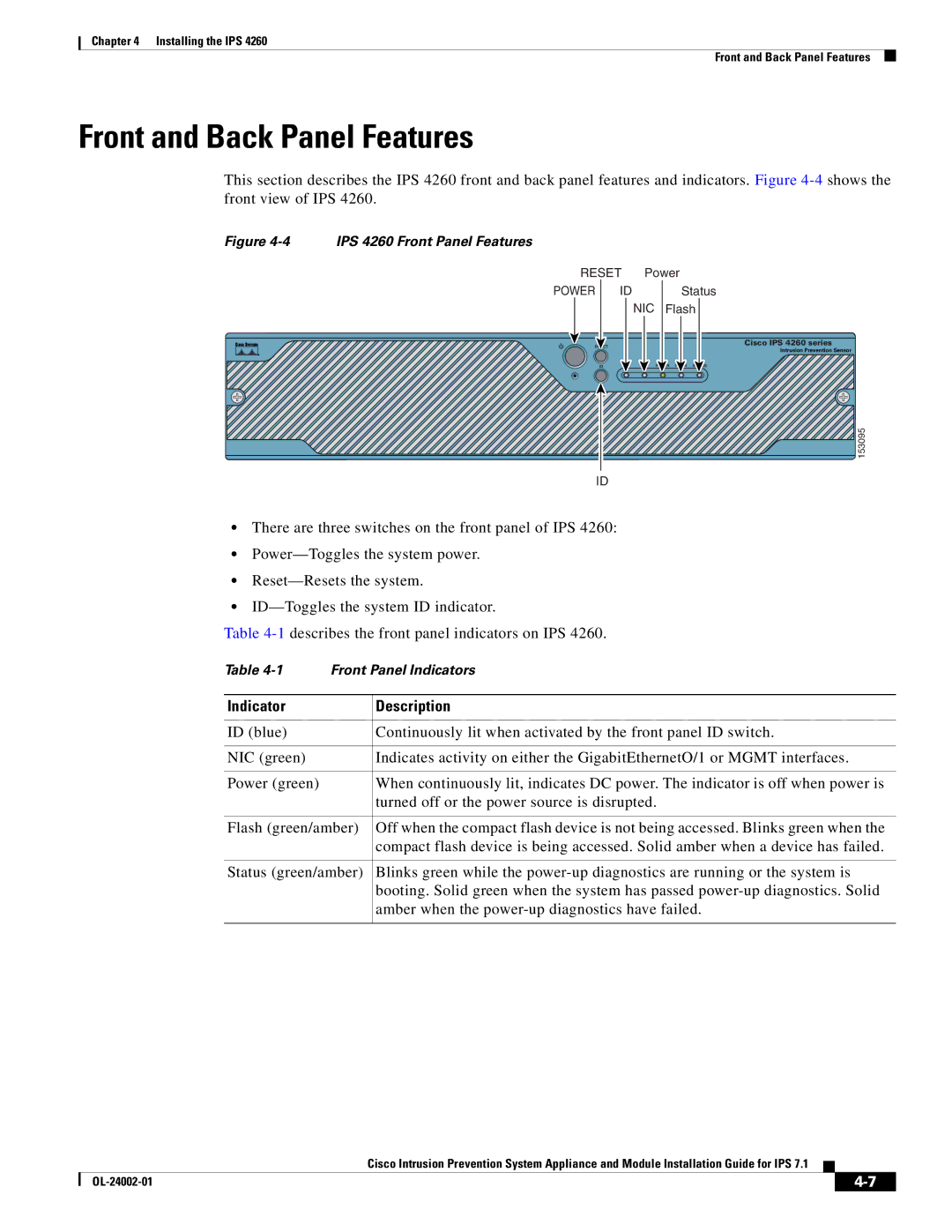 Cisco Systems IPS4520K9 manual IPS 4260 Front Panel Features 