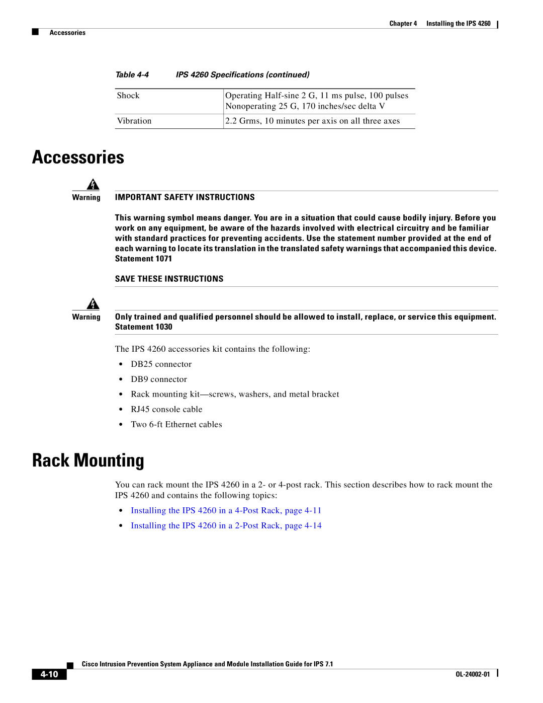 Cisco Systems IPS4520K9 manual Installing the IPS Accessories 