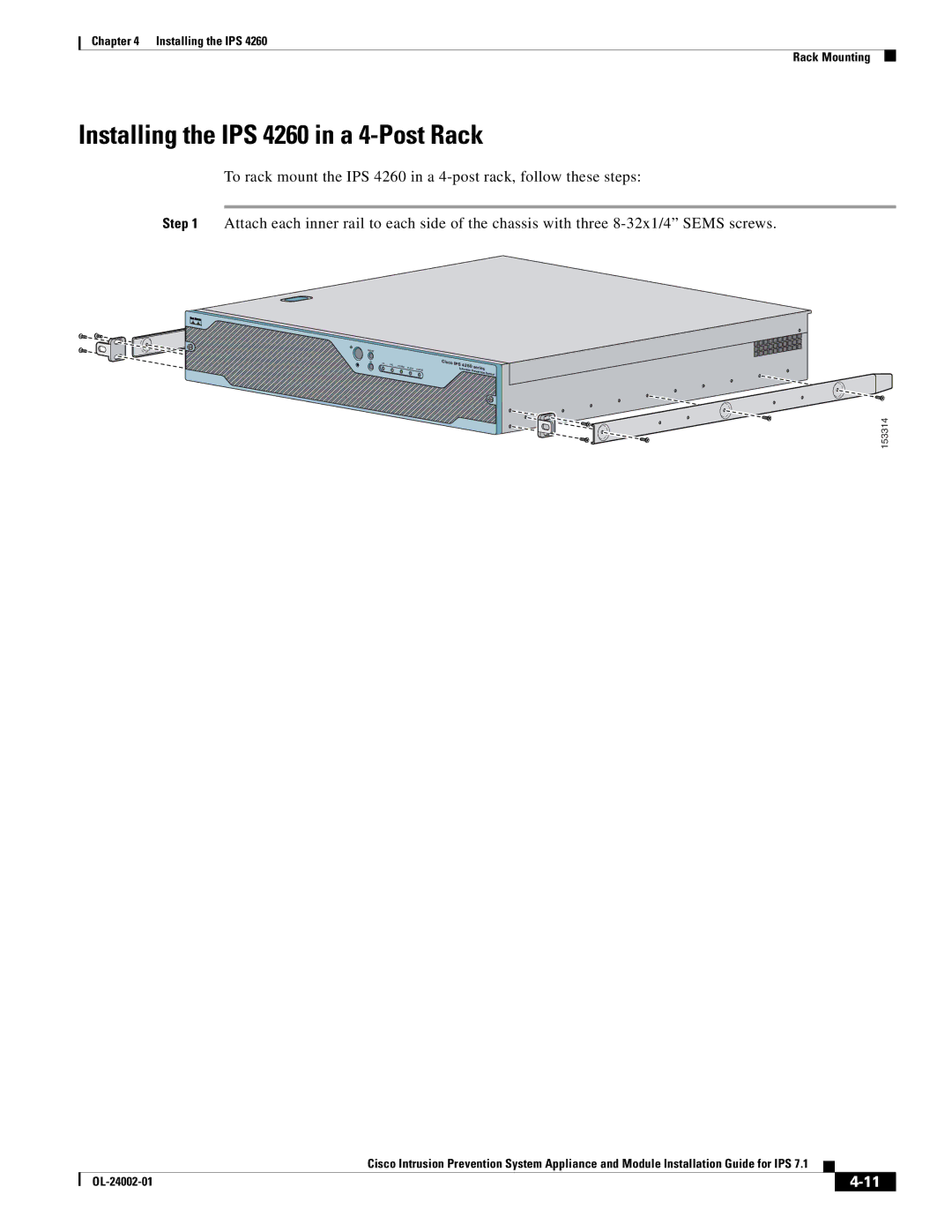 Cisco Systems IPS4520K9 manual Installing the IPS 4260 in a 4-Post Rack 