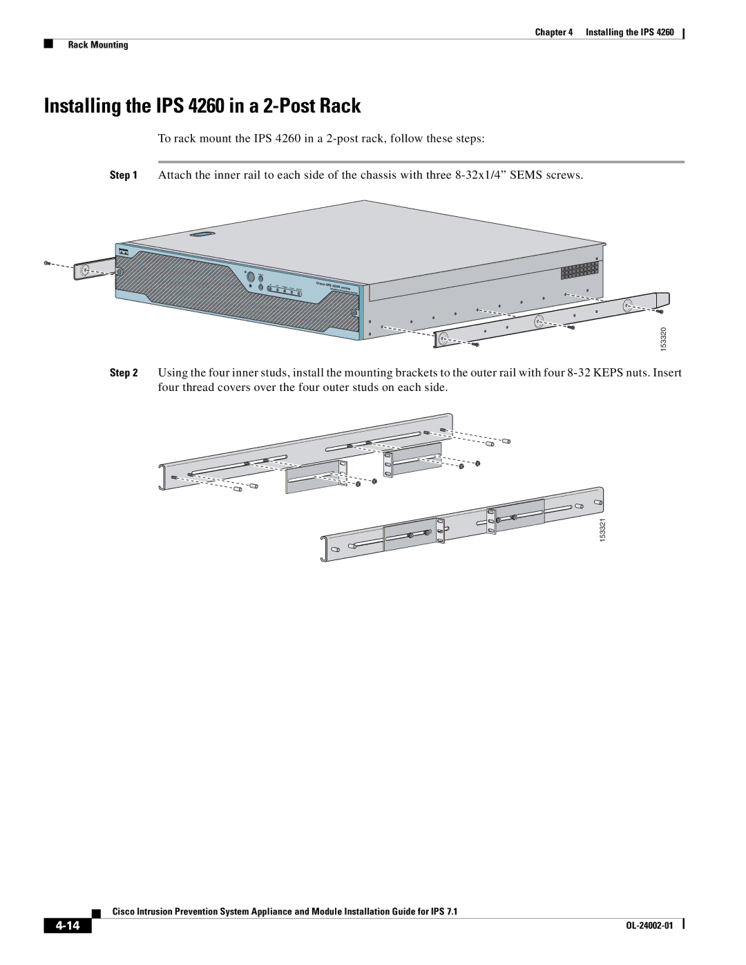 Cisco Systems IPS4520K9 manual Installing the IPS 4260 in a 2-Post Rack 