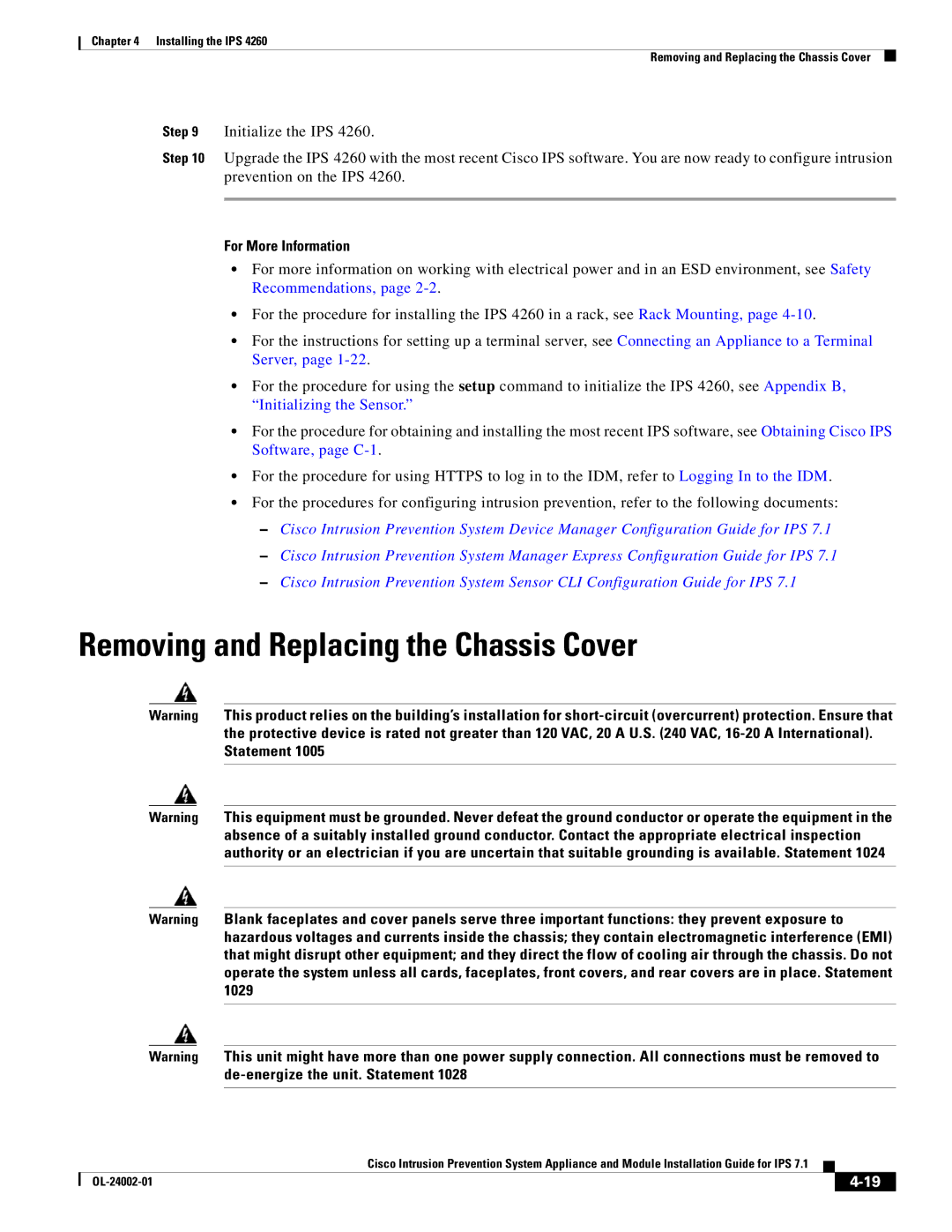 Cisco Systems IPS4520K9 manual Removing and Replacing the Chassis Cover, For More Information 