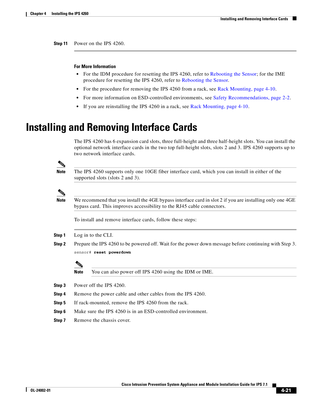 Cisco Systems IPS4520K9 manual Installing and Removing Interface Cards, Power on the IPS 