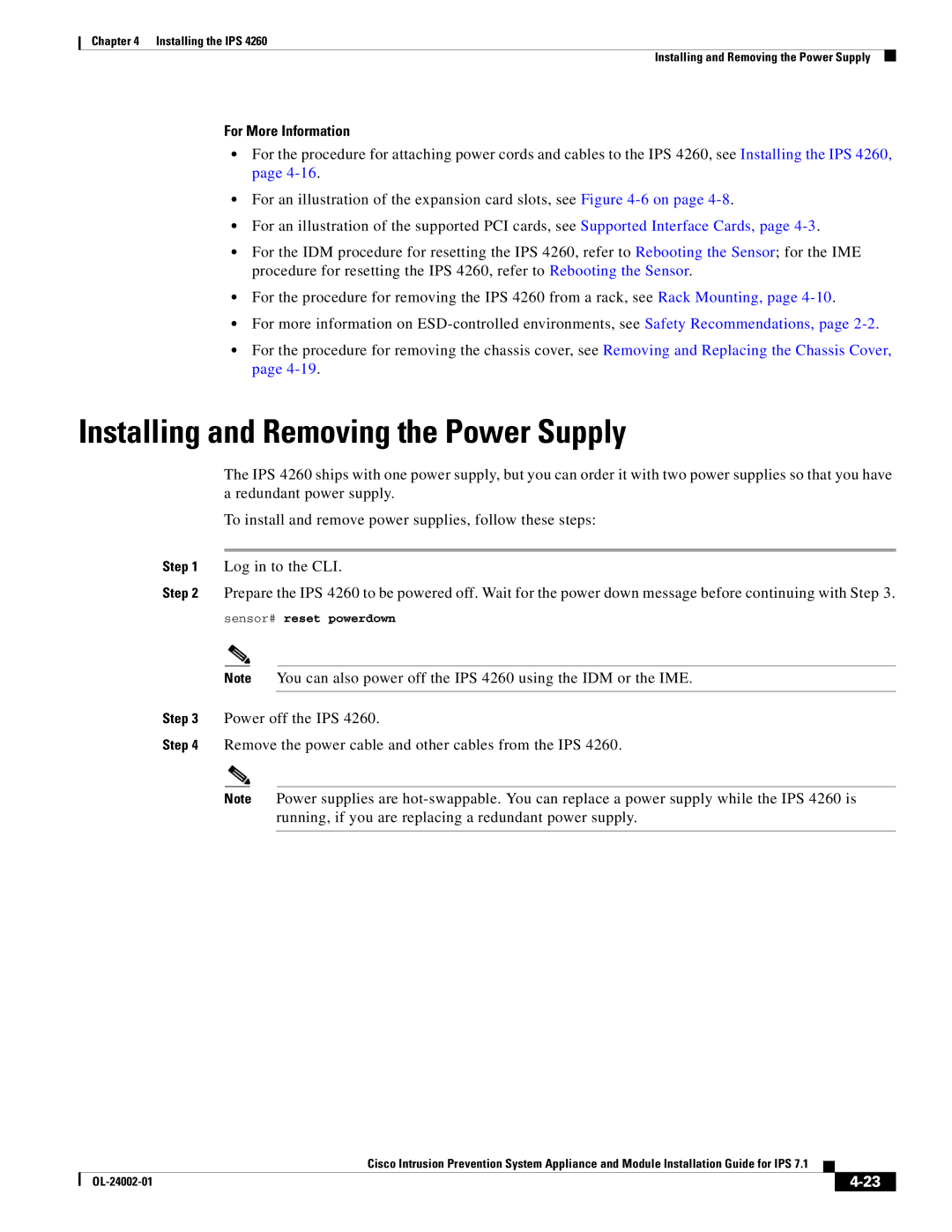 Cisco Systems IPS4520K9 manual Installing and Removing the Power Supply 