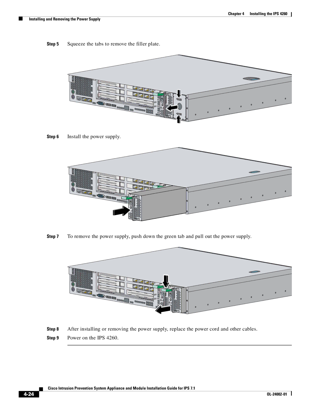 Cisco Systems IPS4520K9 manual Installing the IPS Installing and Removing the Power Supply 