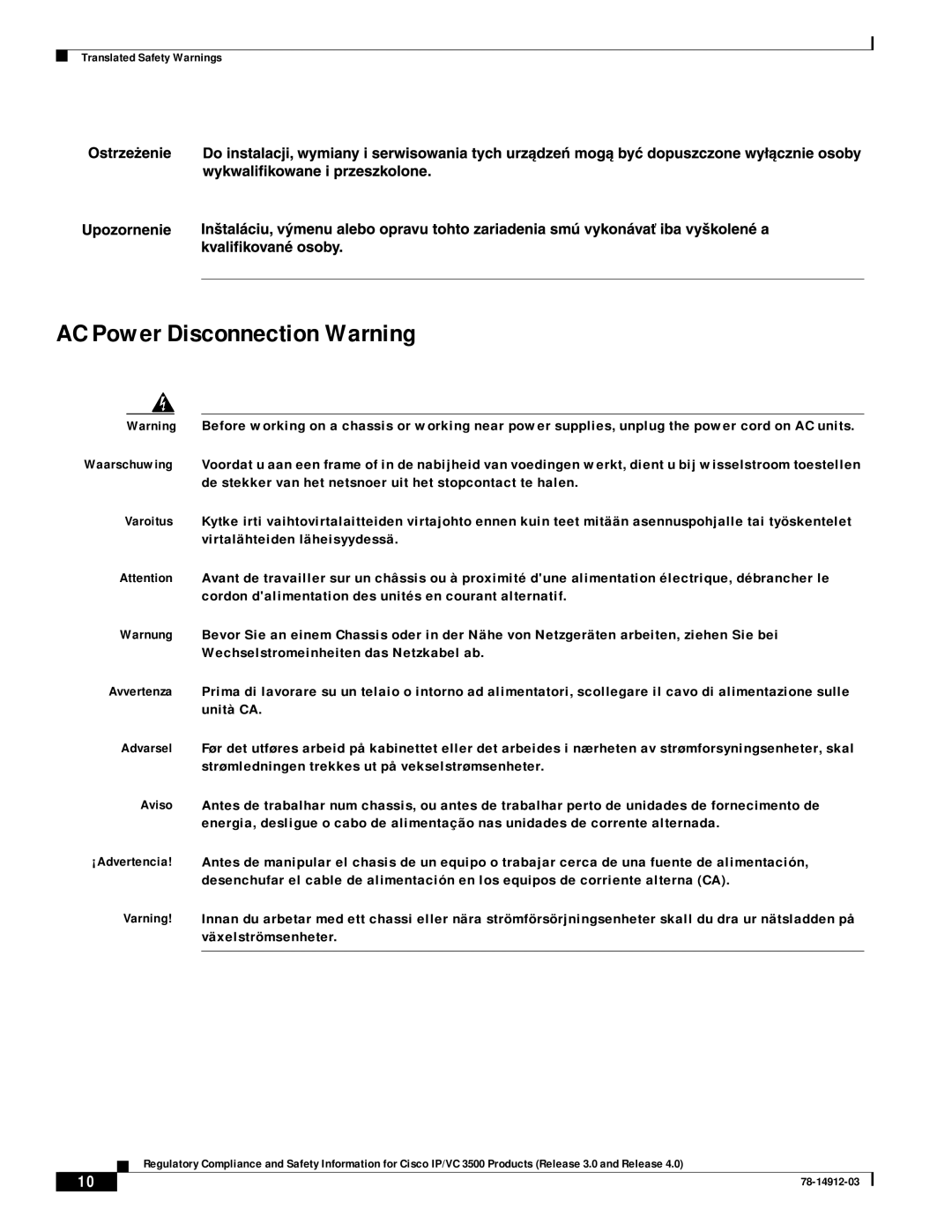 Cisco Systems IP/VC 3521, IP/VC 3511, IP/VC 3540, IP/VC 3500, IP/VC 3526, IP/VC 3544 manual AC Power Disconnection Warning 