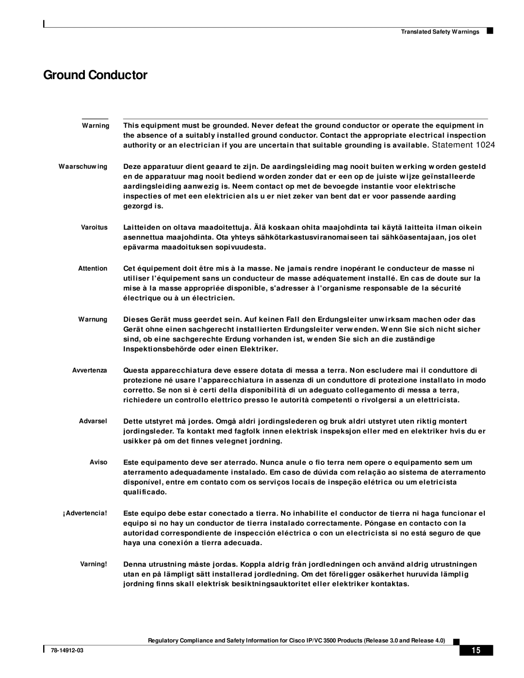 Cisco Systems IP/VC 3526, IP/VC 3511, IP/VC 3540, IP/VC 3500, IP/VC 3521, IP/VC 3544 manual Ground Conductor 