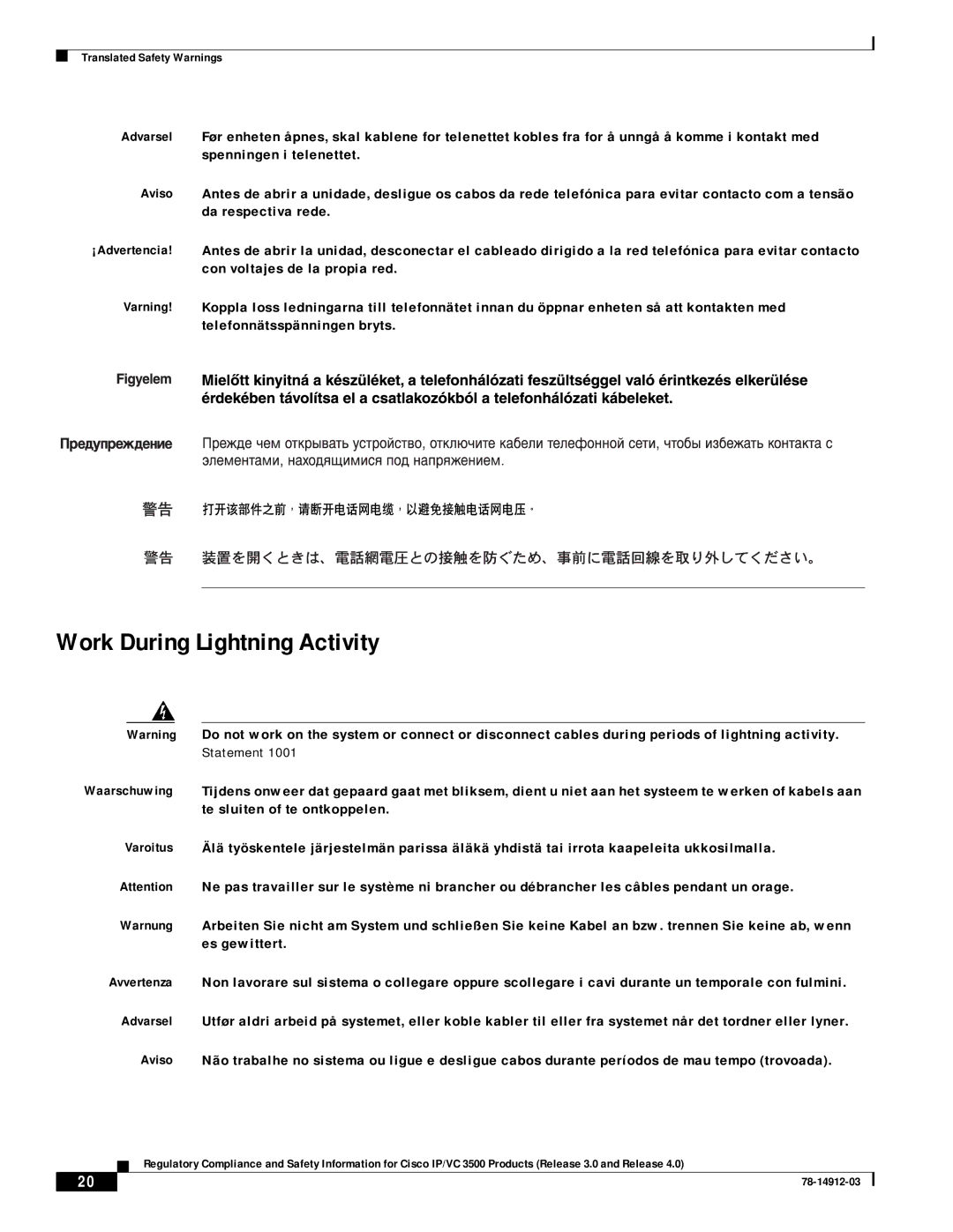 Cisco Systems IP/VC 3500, IP/VC 3511, IP/VC 3540, IP/VC 3526, IP/VC 3521, IP/VC 3544 manual Work During Lightning Activity 