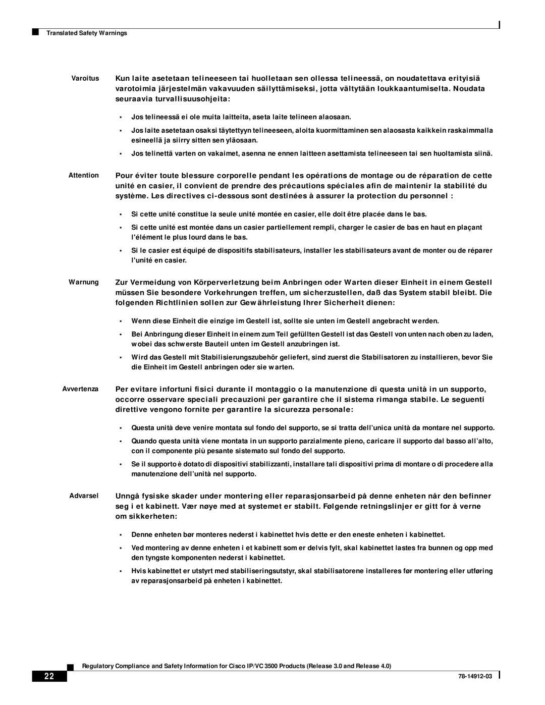 Cisco Systems IP/VC 3521, IP/VC 3511, IP/VC 3540, IP/VC 3500, IP/VC 3526, IP/VC 3544 manual Translated Safety Warnings 