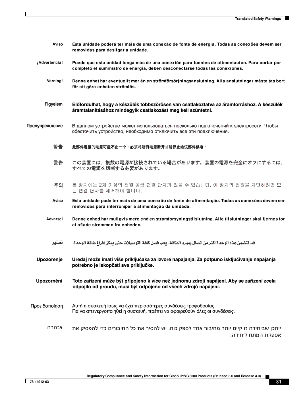 Cisco Systems IP/VC 3540, IP/VC 3511, IP/VC 3500, IP/VC 3526, IP/VC 3521, IP/VC 3544 manual Translated Safety Warnings 