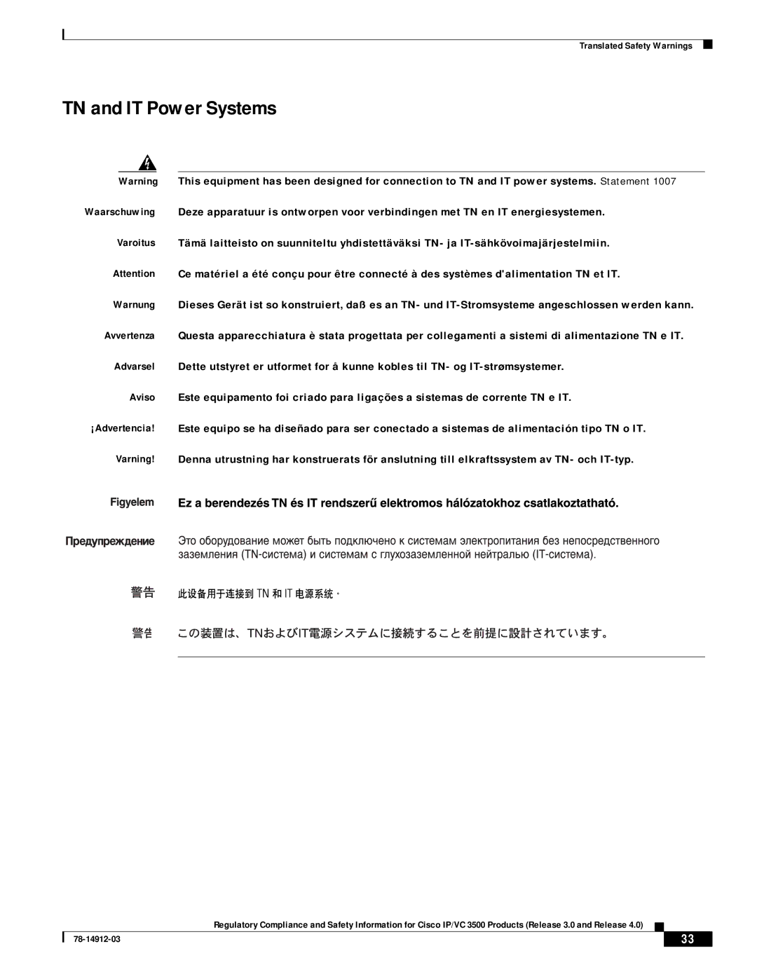 Cisco Systems IP/VC 3526, IP/VC 3511, IP/VC 3540, IP/VC 3500, IP/VC 3521, IP/VC 3544 manual TN and IT Power Systems 