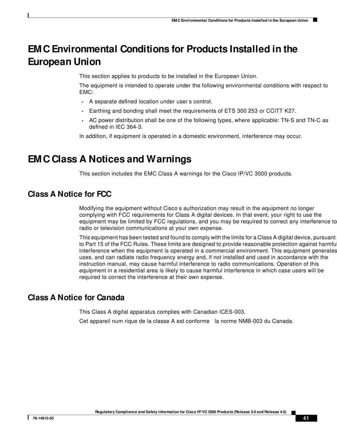 Cisco Systems IP/VC 3544, IP/VC 3511 EMC Class a Notices and Warnings, Class a Notice for FCC, Class a Notice for Canada 