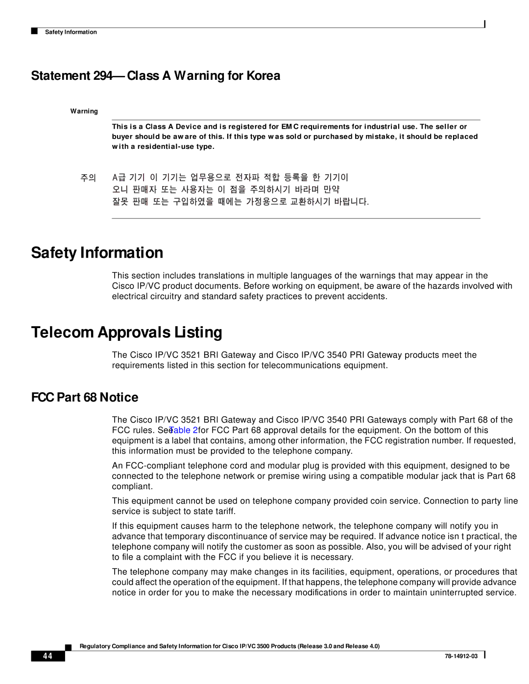 Cisco Systems IP/VC 3500 manual Safety Information, Telecom Approvals Listing, Statement 294-Class a Warning for Korea 