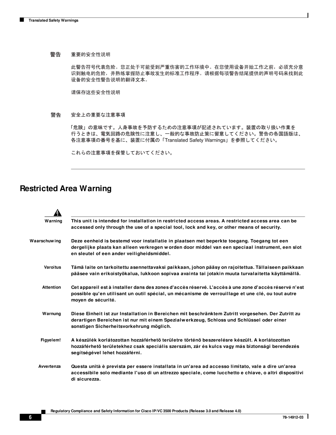 Cisco Systems IP/VC 3511, IP/VC 3540, IP/VC 3500, IP/VC 3526, IP/VC 3521, IP/VC 3544 manual Restricted Area Warning 