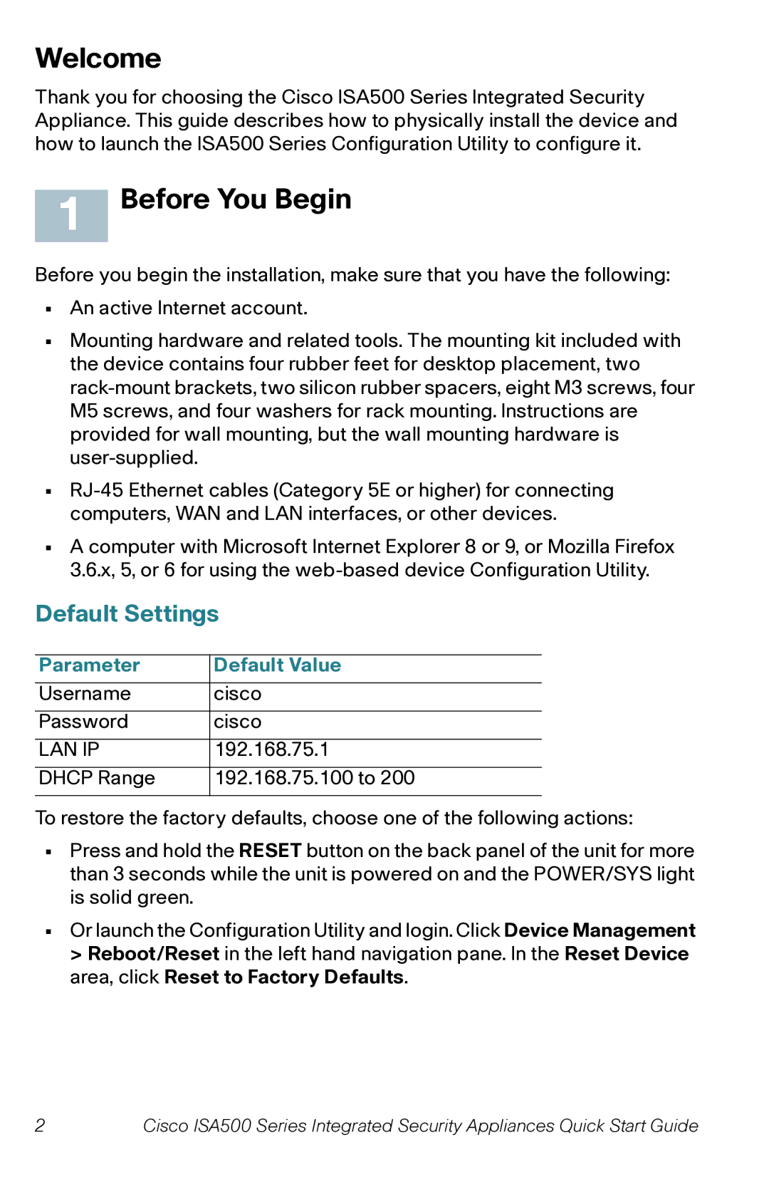 Cisco Systems ISA500, ISA570, ISA550WBUN1K9 Welcome, Before You Begin, Default Settings, Parameter Default Value 