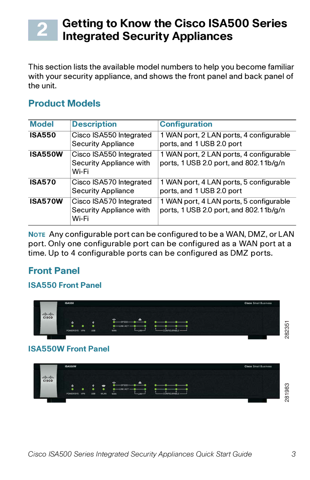 Cisco Systems ISA570 Getting to Know the Cisco ISA500 Series, Integrated Security Appliances, Product Models, Front Panel 