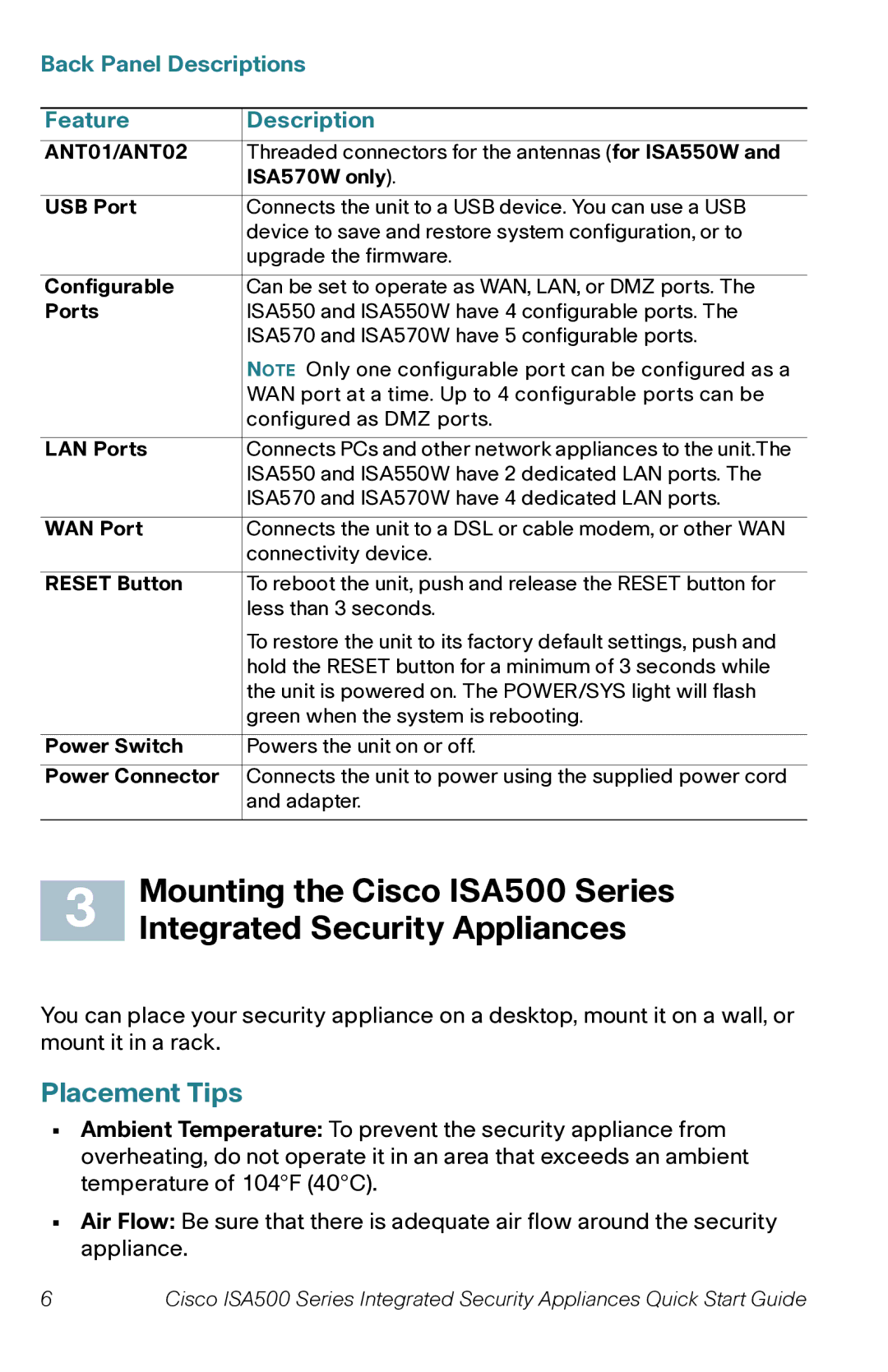 Cisco Systems ISA550W Mounting the Cisco ISA500 Series, Placement Tips, Back Panel Descriptions Feature, ANT01/ANT02 