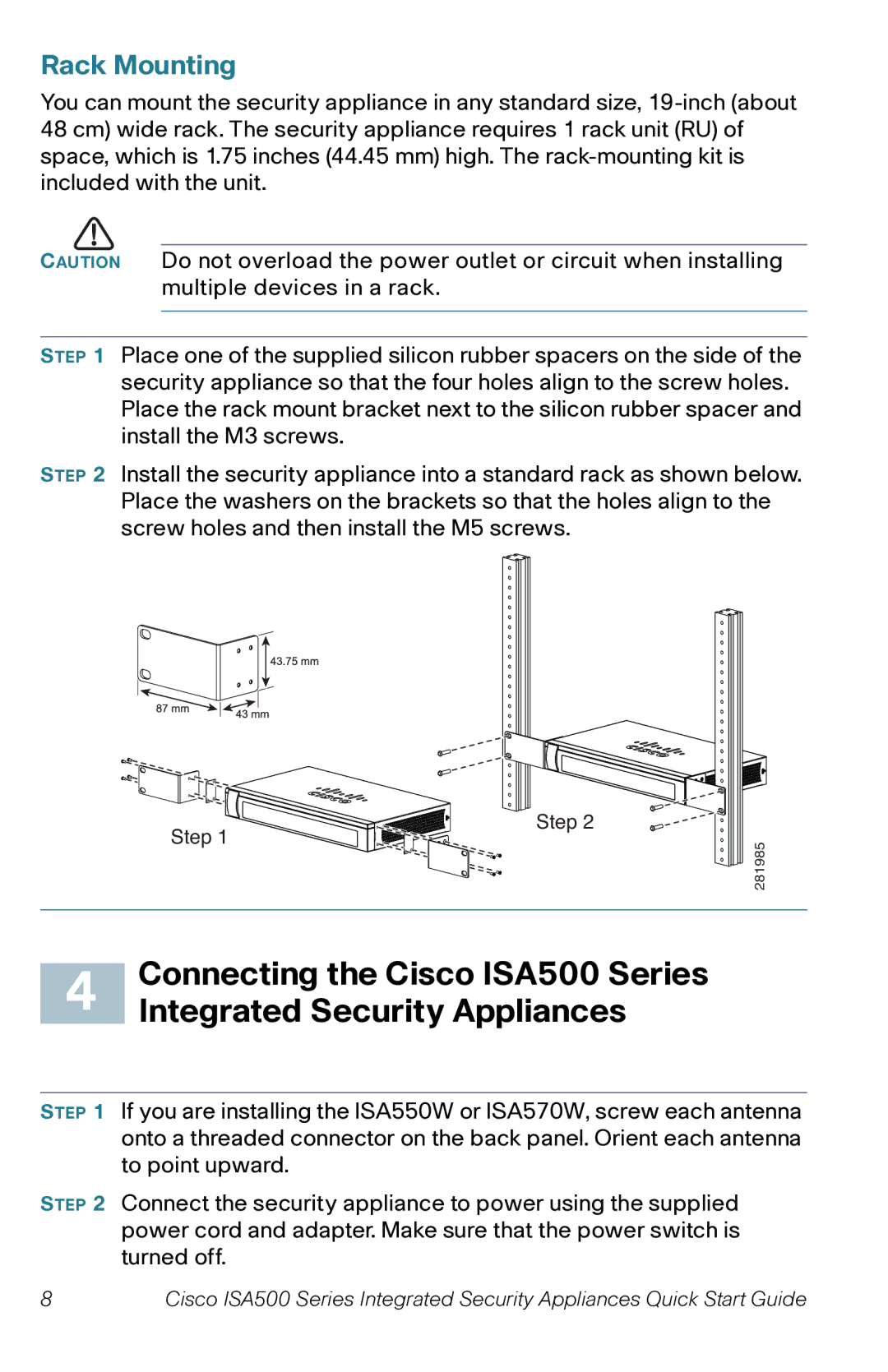 Cisco Systems ISA550WBUN1K9, ISA570W quick start Connecting the Cisco ISA500 Series, Rack Mounting 