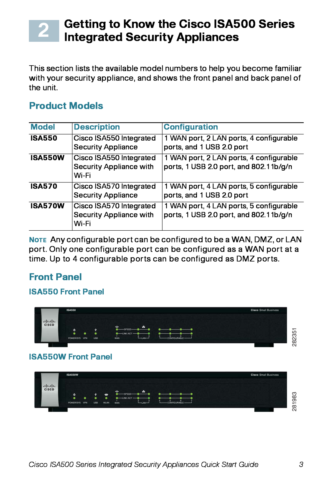 Cisco Systems ISA570 Getting to Know the Cisco ISA500 Series, Integrated Security Appliances, Product Models, Front Panel 