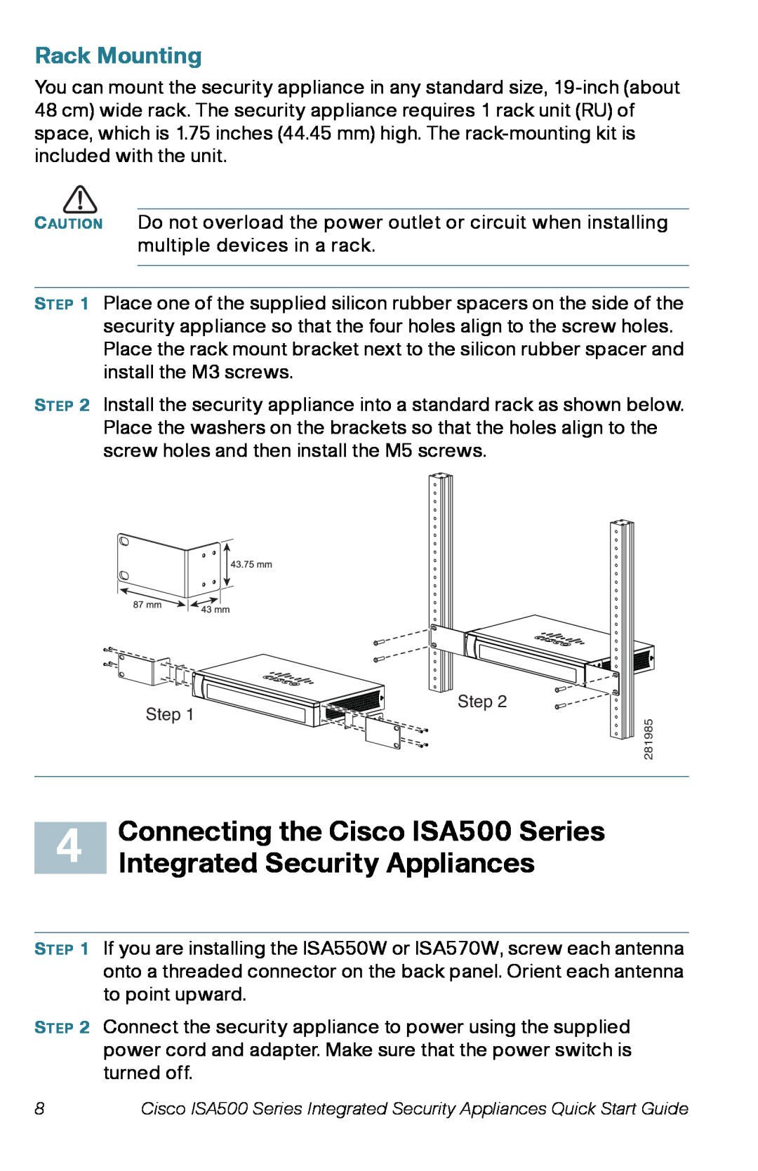 Cisco Systems ISA550W Connecting the Cisco ISA500 Series, Rack Mounting, Integrated Security Appliances, Step Step 