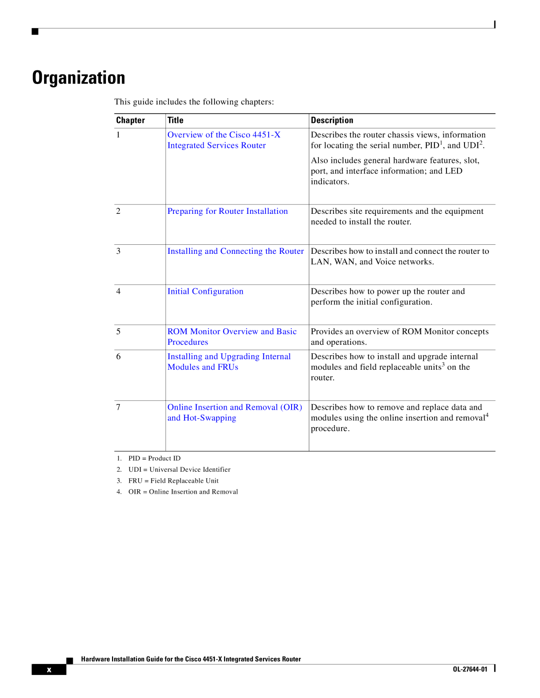 Cisco Systems ISR4451XK9 manual Organization, Chapter Title Description 