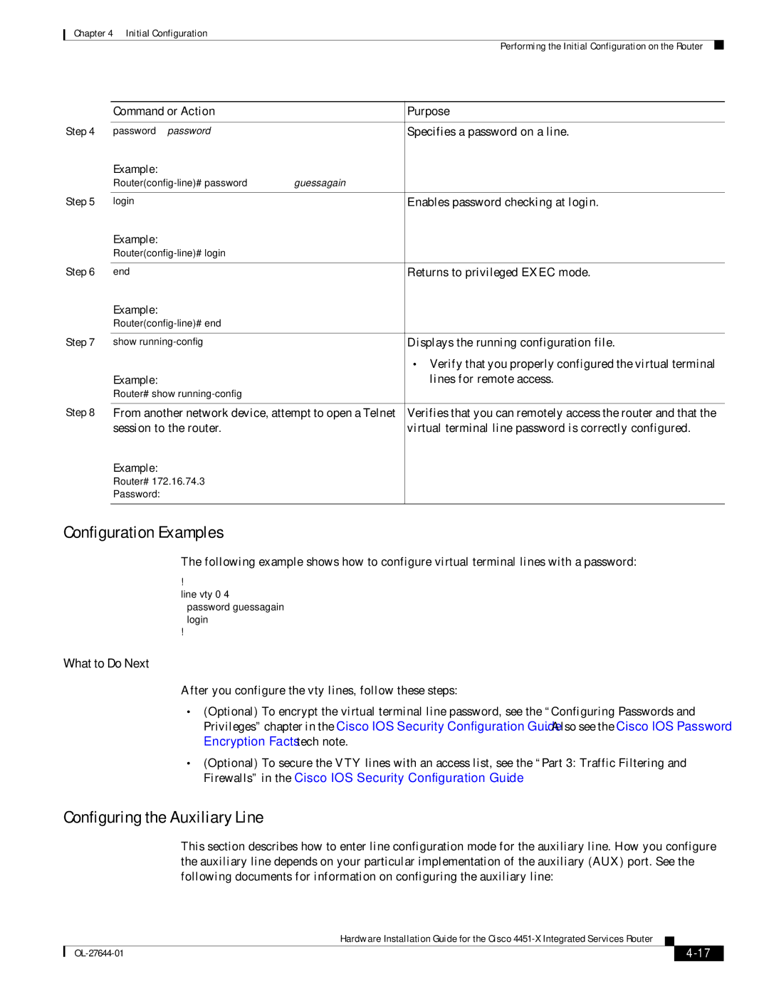 Cisco Systems ISR4451XK9 manual Configuring the Auxiliary Line, What to Do Next 