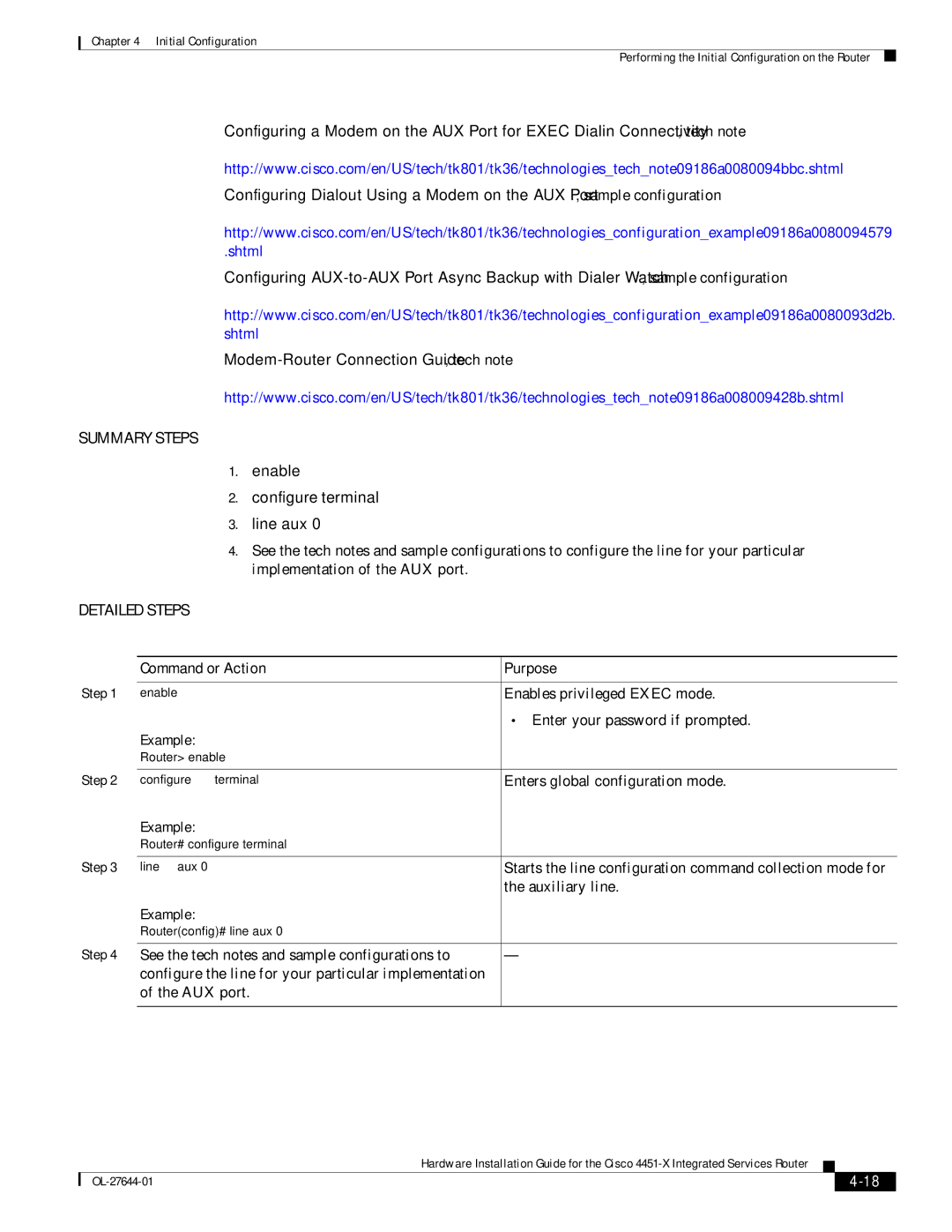 Cisco Systems ISR4451XK9 manual Enable Configure terminal Line aux, Auxiliary line 