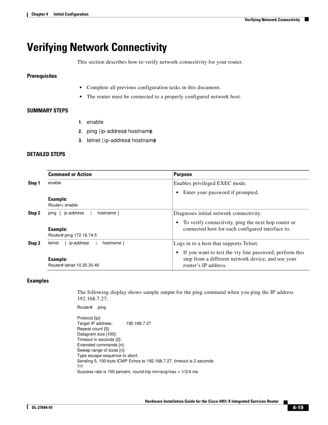 Cisco Systems ISR4451XK9 manual Verifying Network Connectivity 