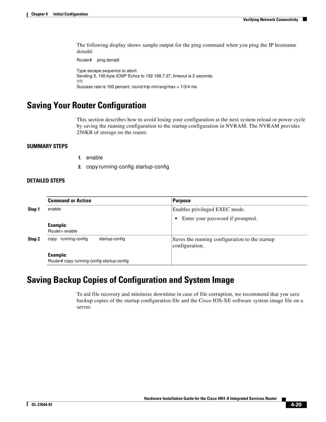 Cisco Systems ISR4451XK9 manual Saving Your Router Configuration, Saving Backup Copies of Configuration and System Image 