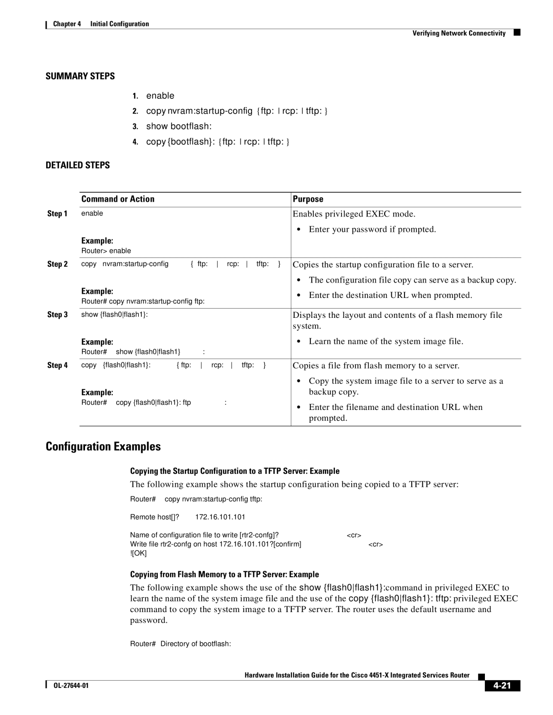 Cisco Systems ISR4451XK9 manual Copying the Startup Configuration to a Tftp Server Example 